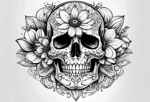 skull and aster flower tattoo idea