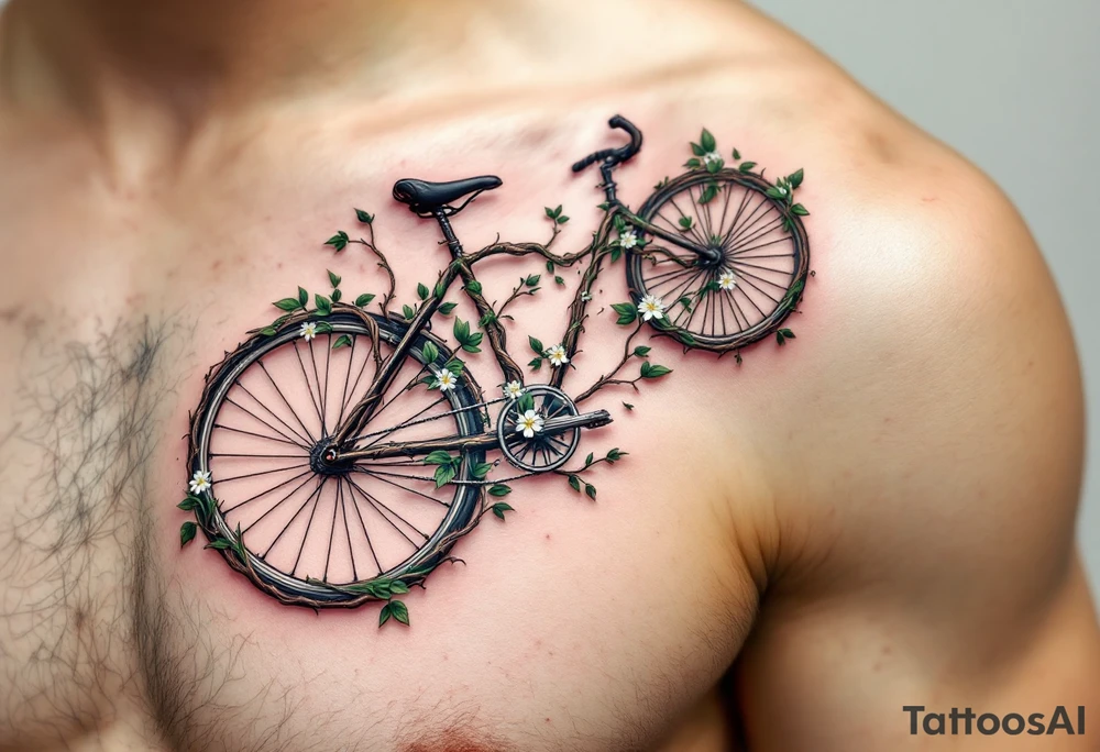 A bicycle with a handlebar made of twisted vines, with green leaves and small white flowers creeping around it, symbolizing growth and connection to nature. tattoo idea