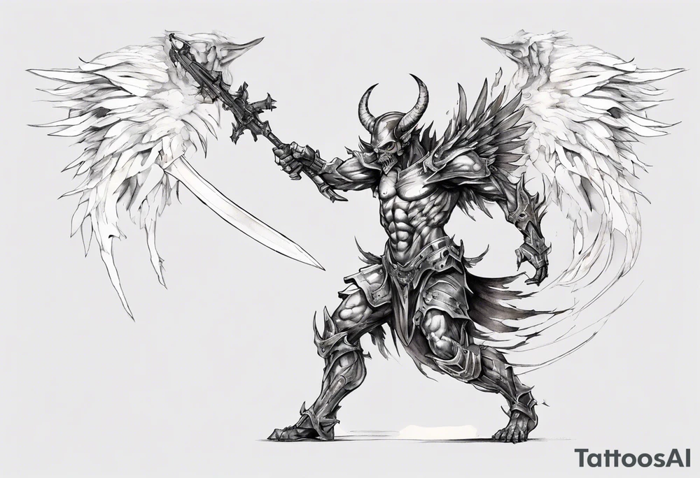 Side view of a demon angel wearing inorganic armor that is in mid-air with his weapon in attack position. tattoo idea