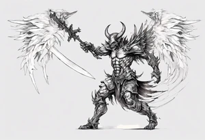 Side view of a demon angel wearing inorganic armor that is in mid-air with his weapon in attack position. tattoo idea