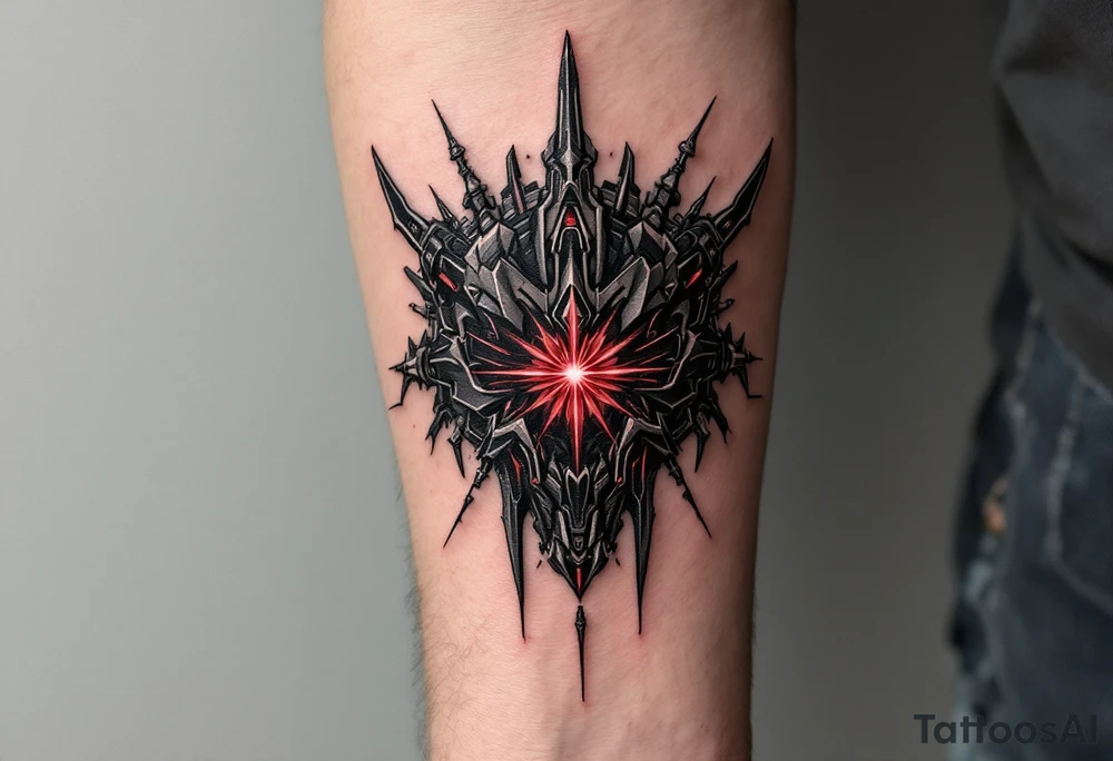 A shadowy mech-erm inked in matte black with accents of silver and a central pulsar in deep red. tattoo idea