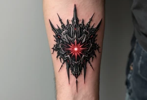 A shadowy mech-erm inked in matte black with accents of silver and a central pulsar in deep red. tattoo idea
