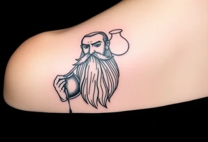 a big piece,The sign of the aquarian version human man almost resembling a god, with a large beard, with a jar on his shoulder with water coming out of it tattoo idea