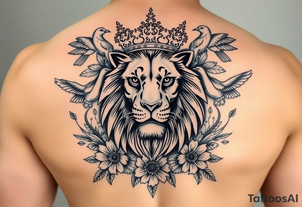 powerful majestic lion with a crown, surrounded by floral ornaments and birds tattoo idea
