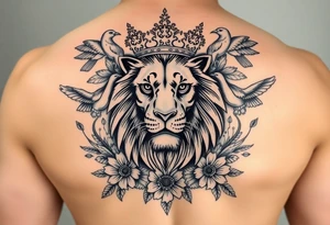 powerful majestic lion with a crown, surrounded by floral ornaments and birds tattoo idea