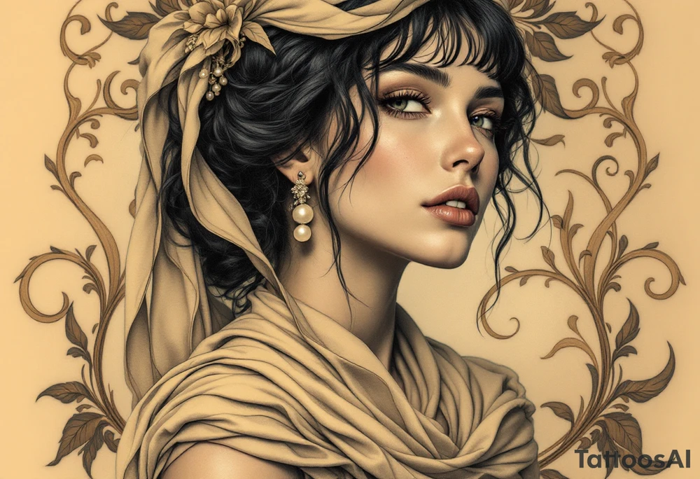 Alfons Mucha’s art nouveau woman with pearl earrings, flowing beige scarf, and a backdrop of swirling bronze flourishes. tattoo idea