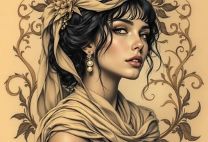 Alfons Mucha’s art nouveau woman with pearl earrings, flowing beige scarf, and a backdrop of swirling bronze flourishes. tattoo idea