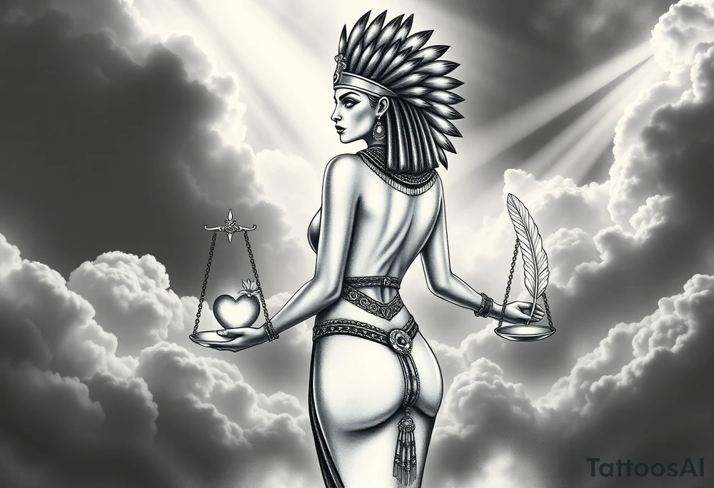 A sensual, curvaceous Egyptian goddess stands with her back slightly turned, accentuating her figure. She wears an elaborate ostrich feather headdress and ornate, intricate ancient Egyptian jewelry draped across her body. Her expression is mysterious and confident. In one hand, she holds the Scales of Justice: one side holds a radiant, glowing heart; the other, Ma’at’s feather. The scales themselves shimmer with an otherworldly light.
The background is a surreal, heavenly landscape filled with luminous clouds and beams of divine light piercing through, creating dramatic contrasts of deep shadows and highlights. The entire scene is bathed in an ethereal, mystical glow, with a dreamlike, almost supernatural atmosphere. tattoo idea