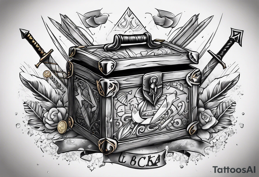idea of adding Lucky stats to this tattoo. using 3 arrows to representing Luck, arrows stick on to a opened treasure box with gold and coins spreading everywhere. also generate word "SKINBUFFS" on the tattoo. tattoo idea