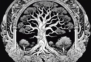 The deity Pan is surrounded by a asymmetrical tree, which represents a portal to another world tattoo idea