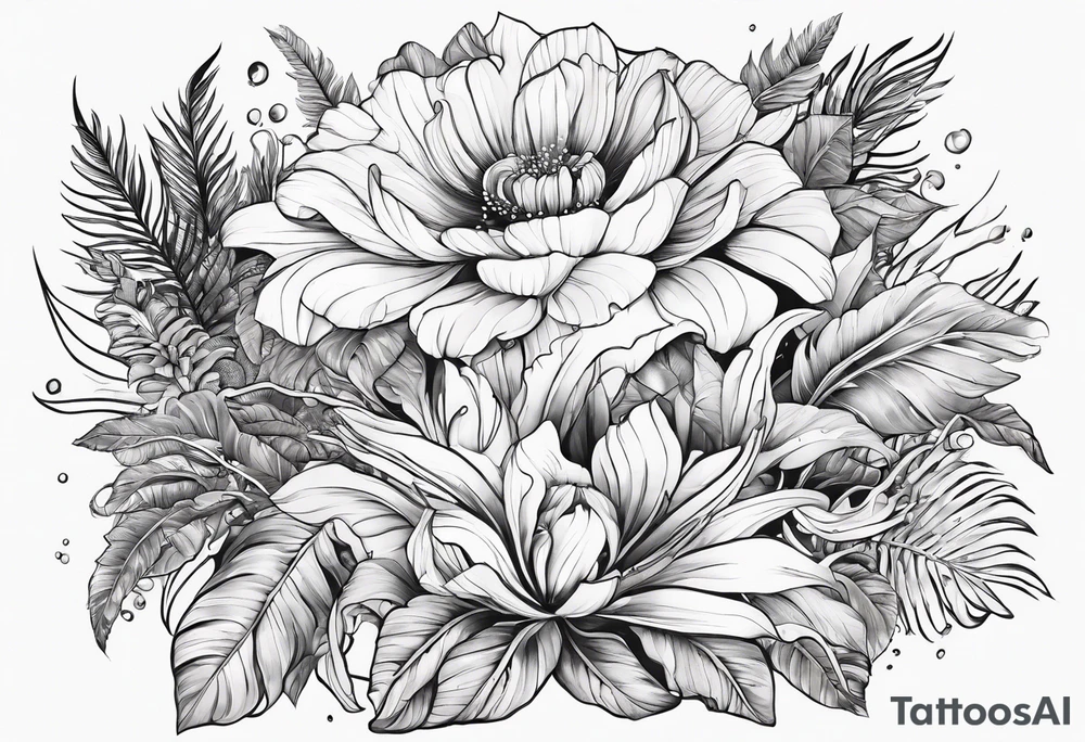 sea, flower, palm, animal tattoo idea