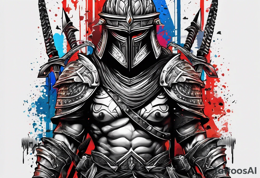 Warrior with helmet facing forward holding two weapons, needs to blend in barcode tattoo on the top tattoo idea