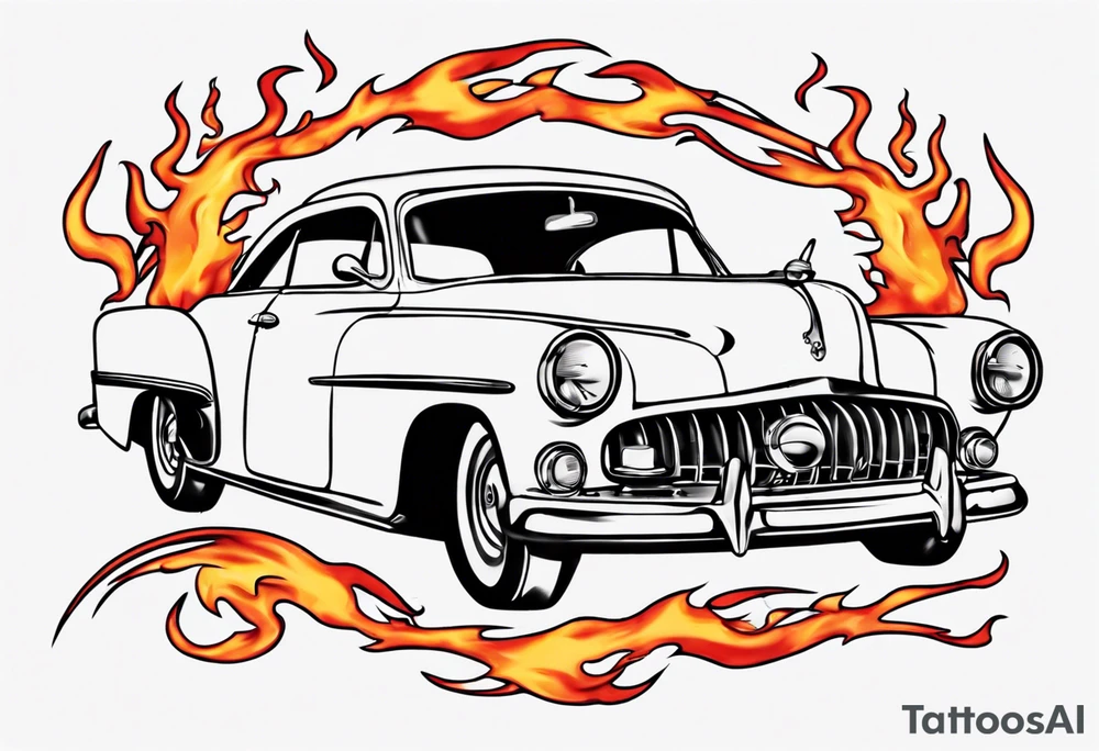 vintage classic car with flames coming out of the bonnet and a head at the top of the flames tattoo idea