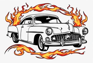 vintage classic car with flames coming out of the bonnet and a head at the top of the flames tattoo idea
