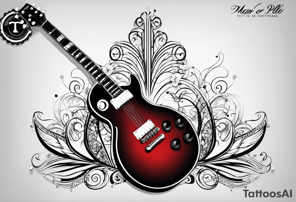 diseño de tatuaje donde lo principal sea un cono de luz diagrama de tiempo espacio, con una guitarra electrica pequeña les paul, mapa de venezuela, flor de loto, 2 gotas de sangre tattoo idea