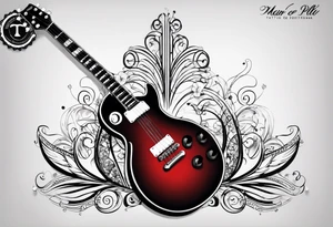 diseño de tatuaje donde lo principal sea un cono de luz diagrama de tiempo espacio, con una guitarra electrica pequeña les paul, mapa de venezuela, flor de loto, 2 gotas de sangre tattoo idea
