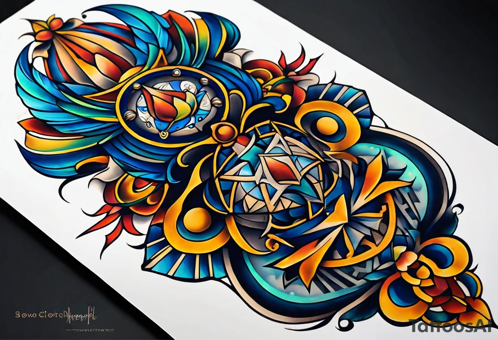 semi Detailed neo traditional knee tattoo flat on paper. The tattoo features geometric patterns and bold lines, creating a visually striking design with slight tints of deep fall colors. outside the tattoo features deep blues washes and water swirls tattoo idea