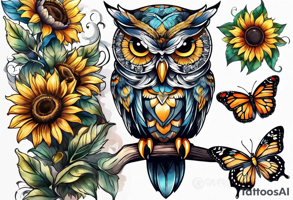 Owl, butterfly and sunflower are sleeve tattoo idea