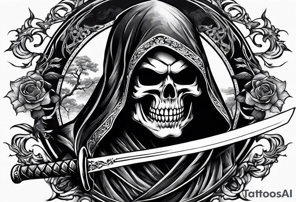 katana with grim reaper and skull tattoo idea