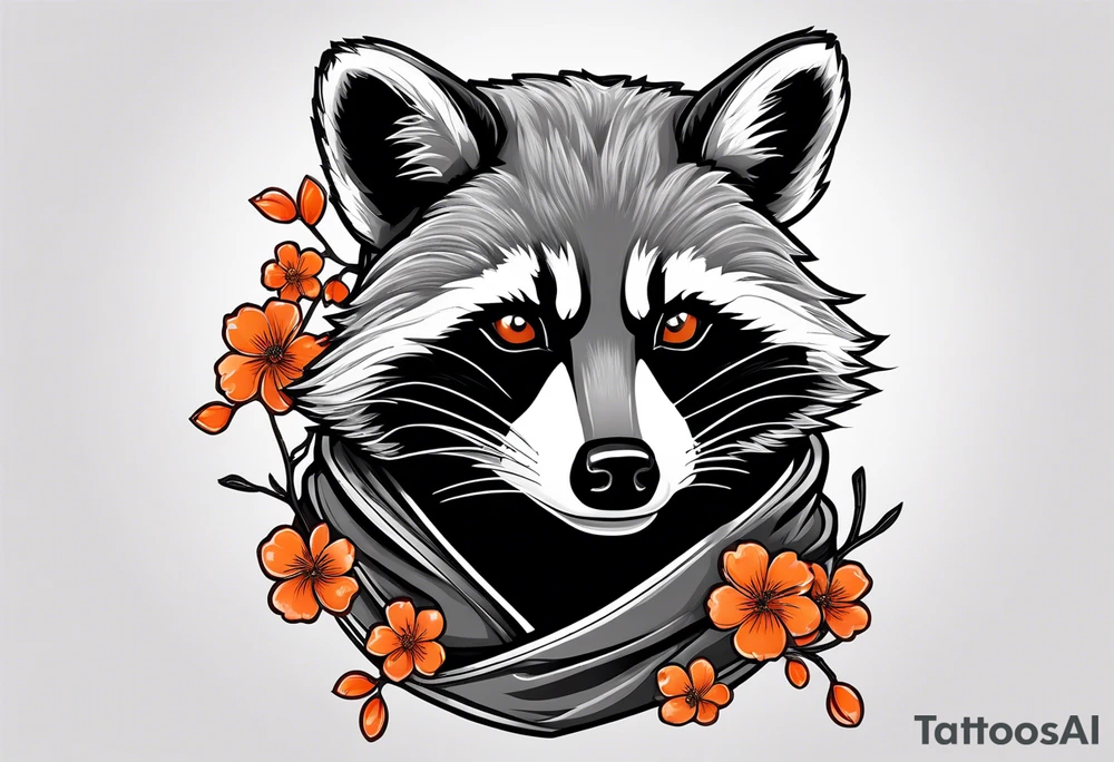 Raccoon wearing a white Superman logo on a black hoodie and orange Japanese cherry blossoms tattoo idea