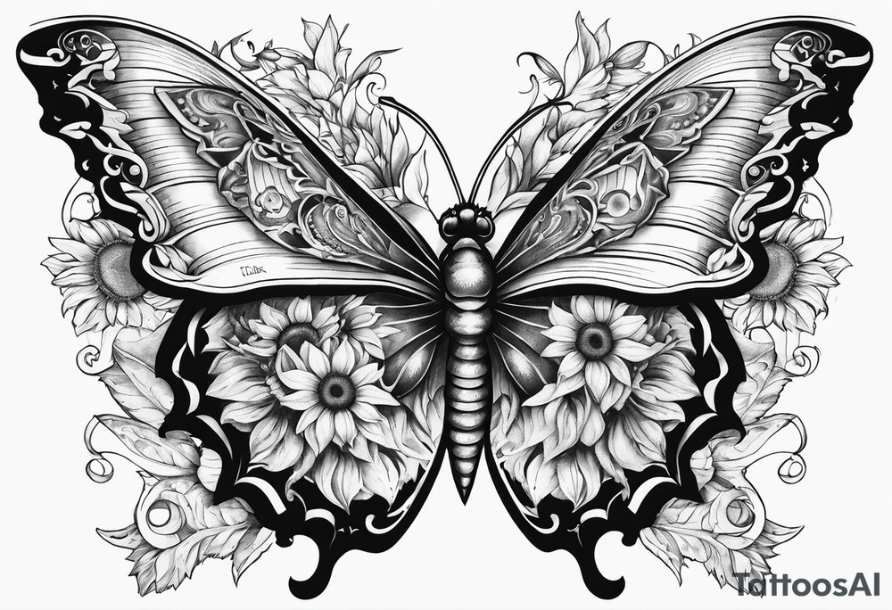 Butterfly, sunflower, book, fly, fish tattoo idea