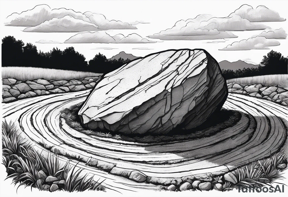 Create a tattoo of a flat topped granite rock with a base under the ground line that is pointed and deep, surrounded by freshly tilled and raked soil ready to be planted and under ground in front of the rock, a seed planted and pushing through the soil tattoo idea