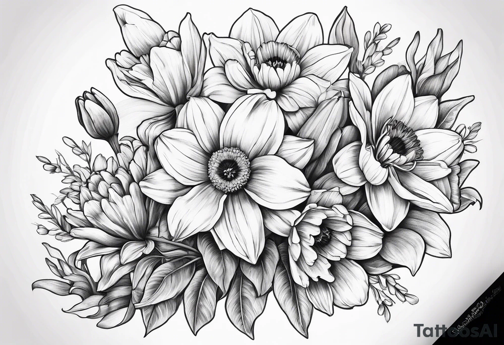 Small Bouquet of daffodils gerberas and tulips tattoo idea