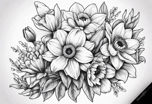 Small Bouquet of daffodils gerberas and tulips tattoo idea