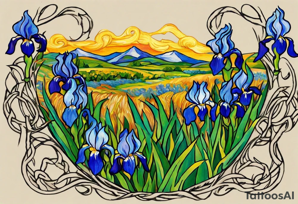 Create a colorful Vincent van Gogh's Irises tattoo, with vines in Celtic knots gracefully holding mountains in a wreath. The intended placement is on the upper chest. The overall design should be small in size while maintaining a delicate and artistic aesthetic. Pay attention to the graceful flow of the vines and the placement of the irises to achieve a refined and elegant look. tattoo idea
