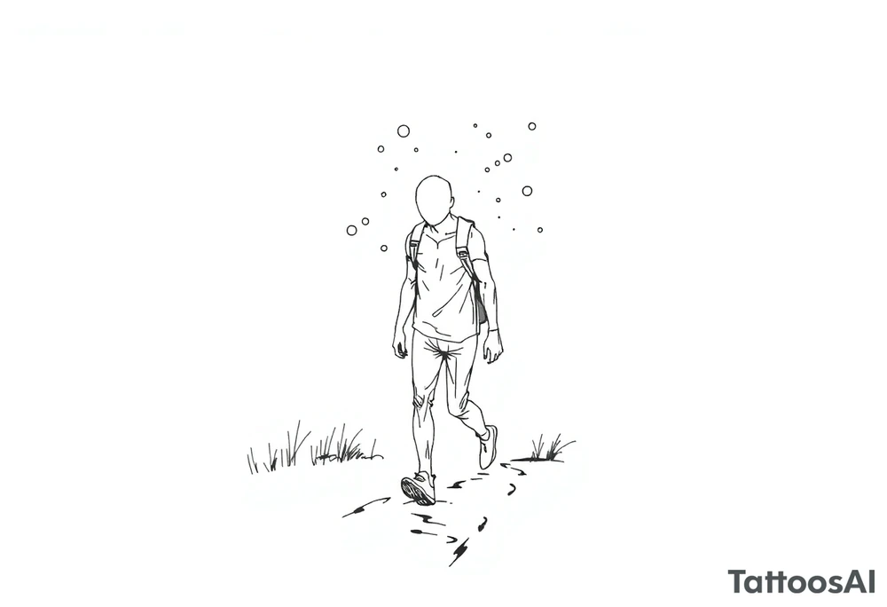Everything everywhere all at once :Confusion and pressure in thin lines solo traveler with no face with his body parts left on the path behind him he’s walking carefully with much regret and broken parts tattoo idea