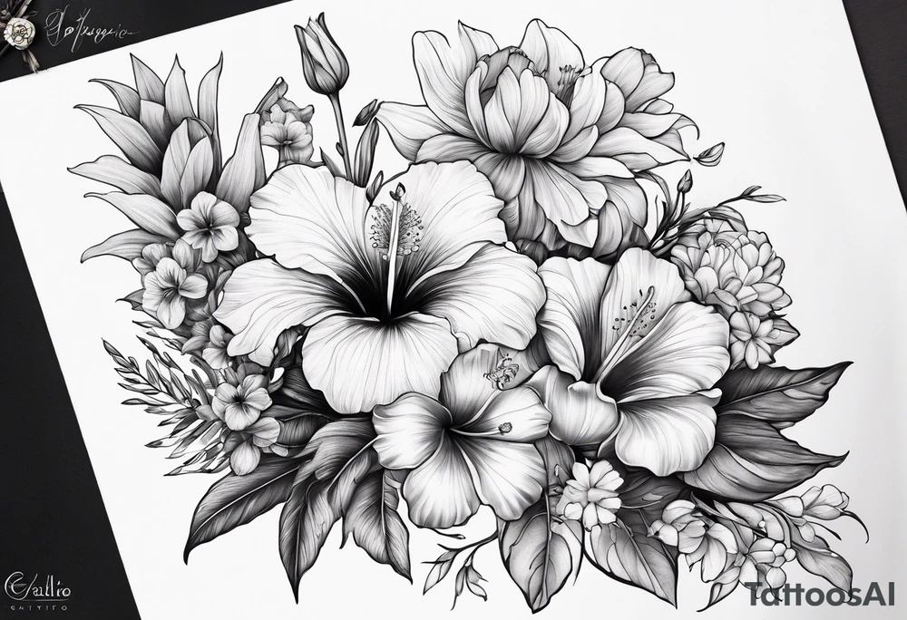 Verticle arm placement of dainty hibiscus, TULIPS, LILLIES, DRAGONflower, with wildflowers, poppy, complimentary flowers, bees, peony, forearm tattoo idea