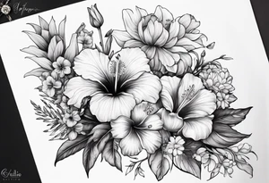 Verticle arm placement of dainty hibiscus, TULIPS, LILLIES, DRAGONflower, with wildflowers, poppy, complimentary flowers, bees, peony, forearm tattoo idea