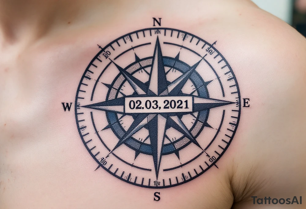 Jakoubek name and date 02. 03. 2021 – A classic blue and gray compass with Jack's birthdate etched in bold, modern font at the center. tattoo idea