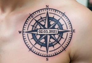 Jakoubek name and date 02. 03. 2021 – A classic blue and gray compass with Jack's birthdate etched in bold, modern font at the center. tattoo idea
