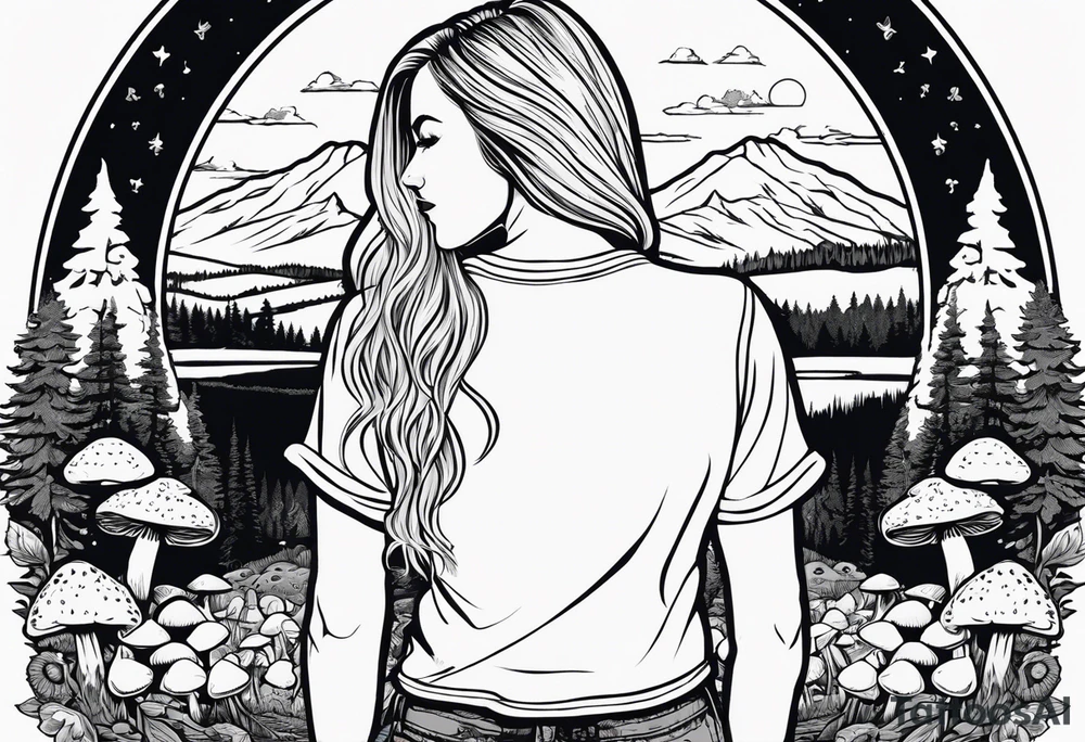 Whole picture encircled fully

Straight long blonde hair hippie girl in distance holding mushrooms in hand facing away toward mountains and creek surrounded by mushrooms long sleeve shirt and hiking pants; whole rendering within a full circle, no cut off circle tattoo idea