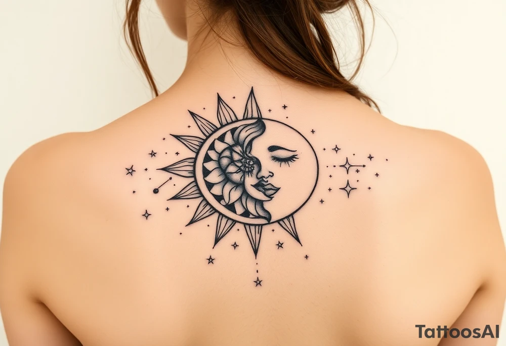 celestial sun and moon embrace with constellation patterns tattoo idea celestial sun and moon embrace with constellation patterns tattoo idea