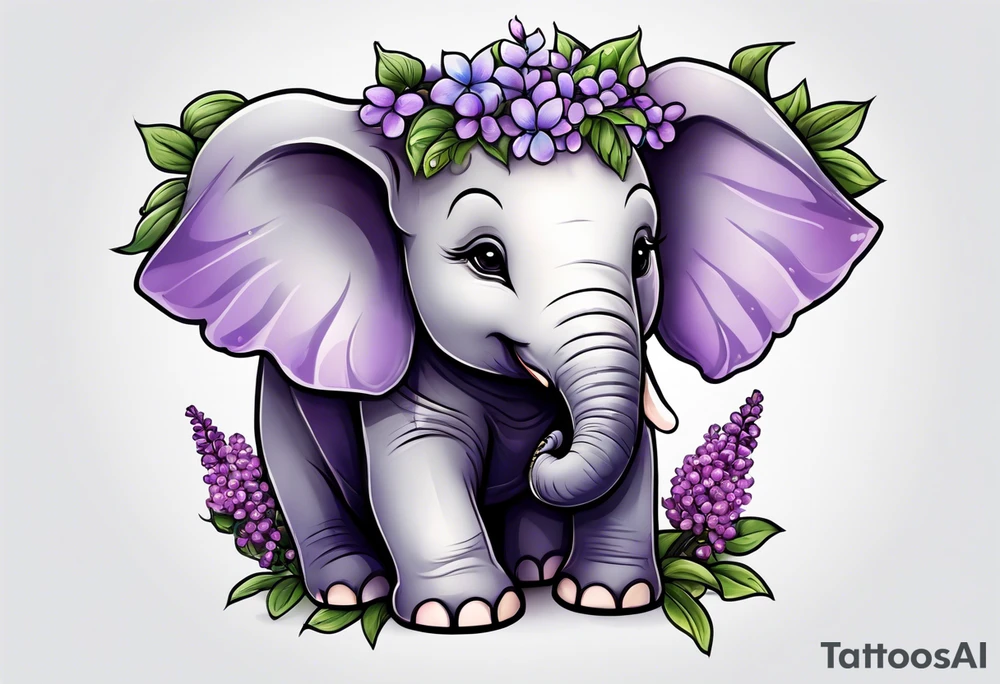 Baby elephant sitting with lilacs in its trunk tattoo idea