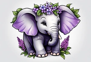 Baby elephant sitting with lilacs in its trunk tattoo idea