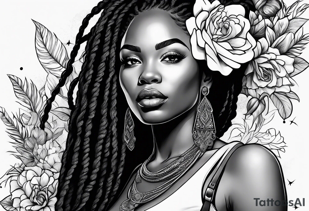 Black woman with locs and flowers tattoo idea
