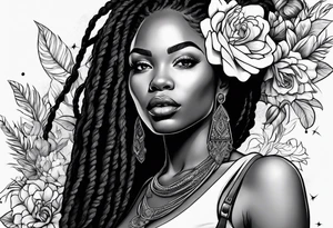 Black woman with locs and flowers tattoo idea