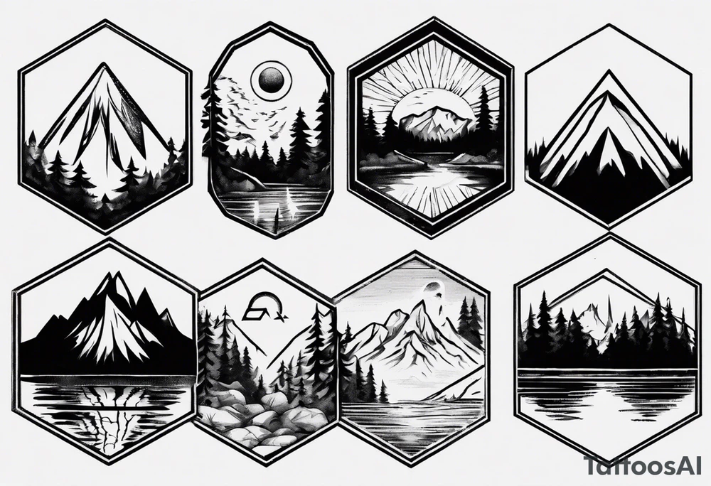 A hexagon with a mountain in the background on the right, the sun on the left, a coniferous forest in the foreground and a lake on the bottom tattoo idea