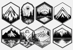 A hexagon with a mountain in the background on the right, the sun on the left, a coniferous forest in the foreground and a lake on the bottom tattoo idea