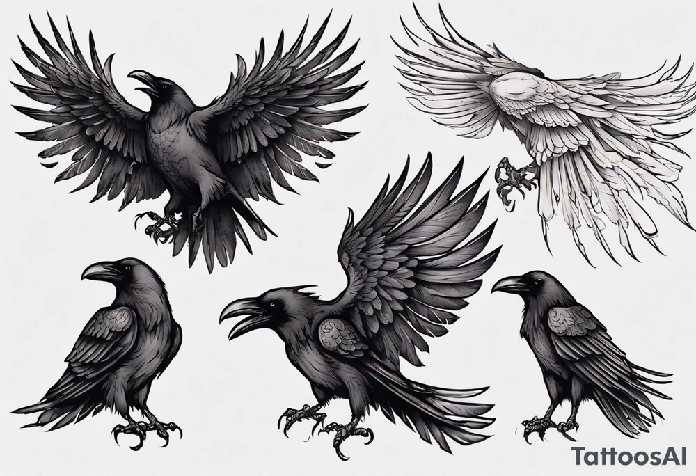 medieval black raven with wings spread tattoo idea