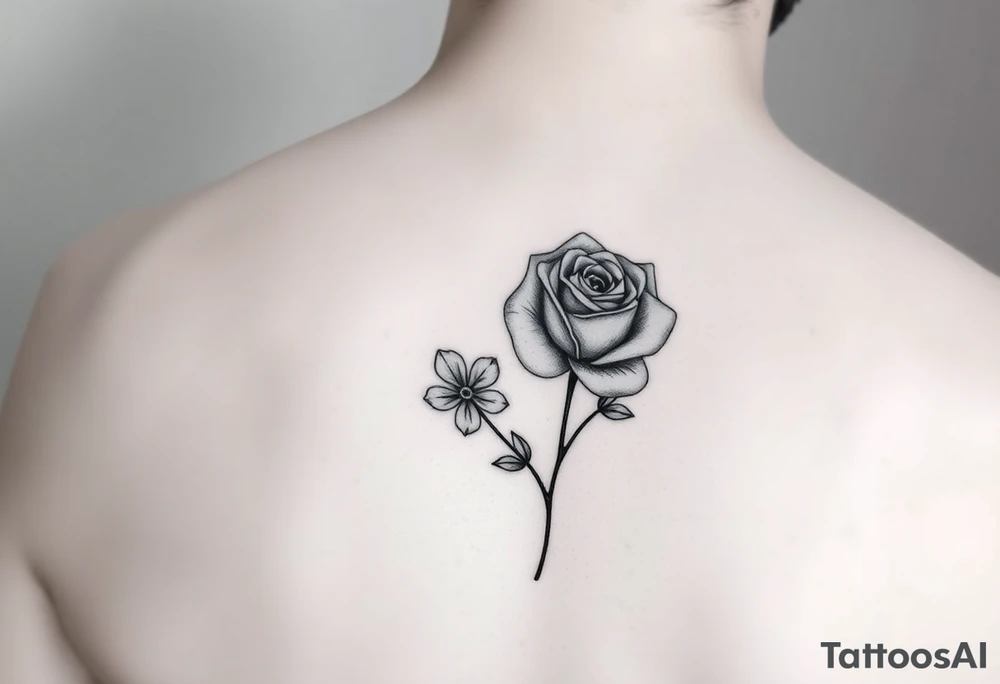 Delicate realistic tattoo in black and white, incorporating a forget me not in honour of our baby lost in early pregnancy, and a rose in honour of our son George Edward Hulbert (born on 14 June 2024) tattoo idea