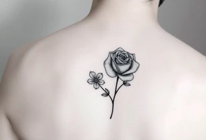 Delicate realistic tattoo in black and white, incorporating a forget me not in honour of our baby lost in early pregnancy, and a rose in honour of our son George Edward Hulbert (born on 14 June 2024) tattoo idea