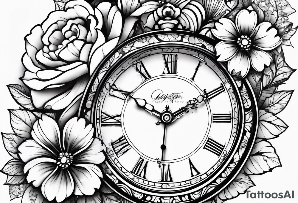 Aniya 6:51pm, Amari 4;57pm, Ameer 5:33am flower clocks teddybears half sleeve tattoo idea