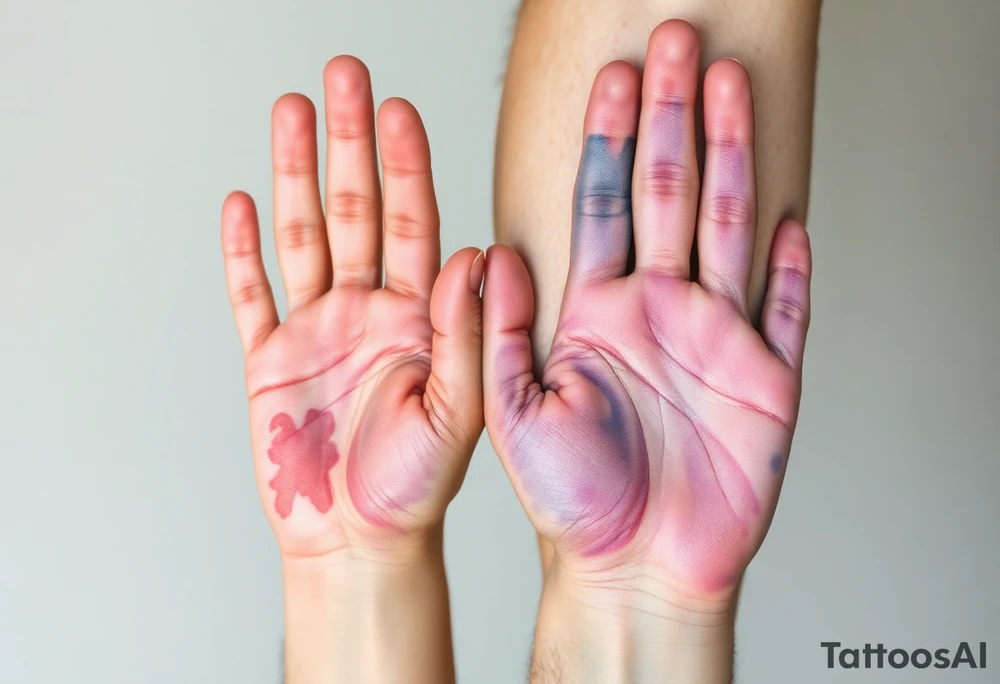 Two hand prints while a tiny handprint placed inside a larger one, shaded in watercolor pastels (light pink, baby blue, and soft lavender), representing growth and connection tattoo idea