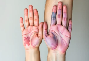 Two hand prints while a tiny handprint placed inside a larger one, shaded in watercolor pastels (light pink, baby blue, and soft lavender), representing growth and connection tattoo idea