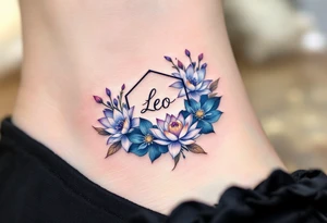 Small Feminine simple Dotted Line hexagon with Leo astrological symbol surrounded by larkspurs and water lilies tattoo idea