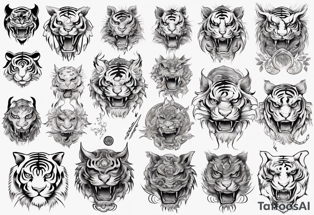 Ancient mythical tiger like creature on a sleeve tattoo idea